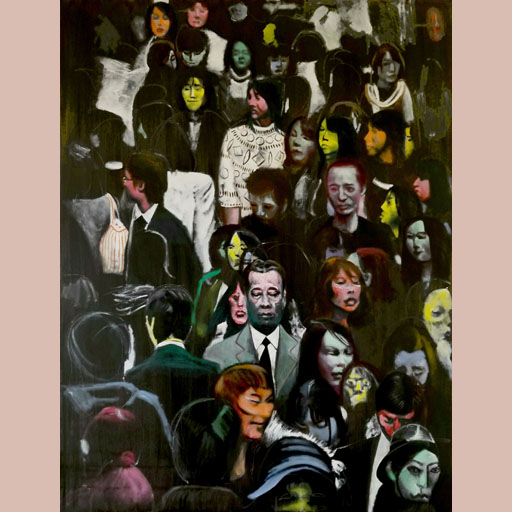city scene, crowd, colored faces, neoexpressionism, contemporary art, expressionism, New York, painting, Nicholaas Chiao